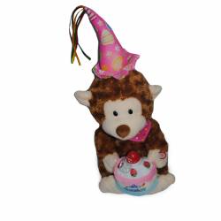ПЛЮШЕНА играчка, маймуна Ч.Р.Д с торта и светещ вентилатор музикална движеща се 28 см.(Промо цена 12,00 лв. без възможност за отстъпки)