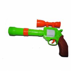 детска играчка от пластмаса, музикален, светещ, вибриращ пистолет с 4 въртящи диода 22х15 см.