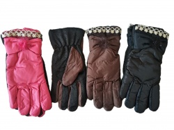 зимни ръкавици, дамски, текстил с панделка (12 бр. в стек 3 разцветки)