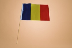 знаме Румъния, качествен полиестер 14х21 см. с дървена дръжка (50 бр. в стек)
