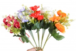 ИЗКУСТВЕНО цвете, букет розички разцъфнали със зеленина 28 см. CXH015 (12 бр. в стек, микс)(Промоция- при покупка над 36 бр. базова цена 1,28 лв.)